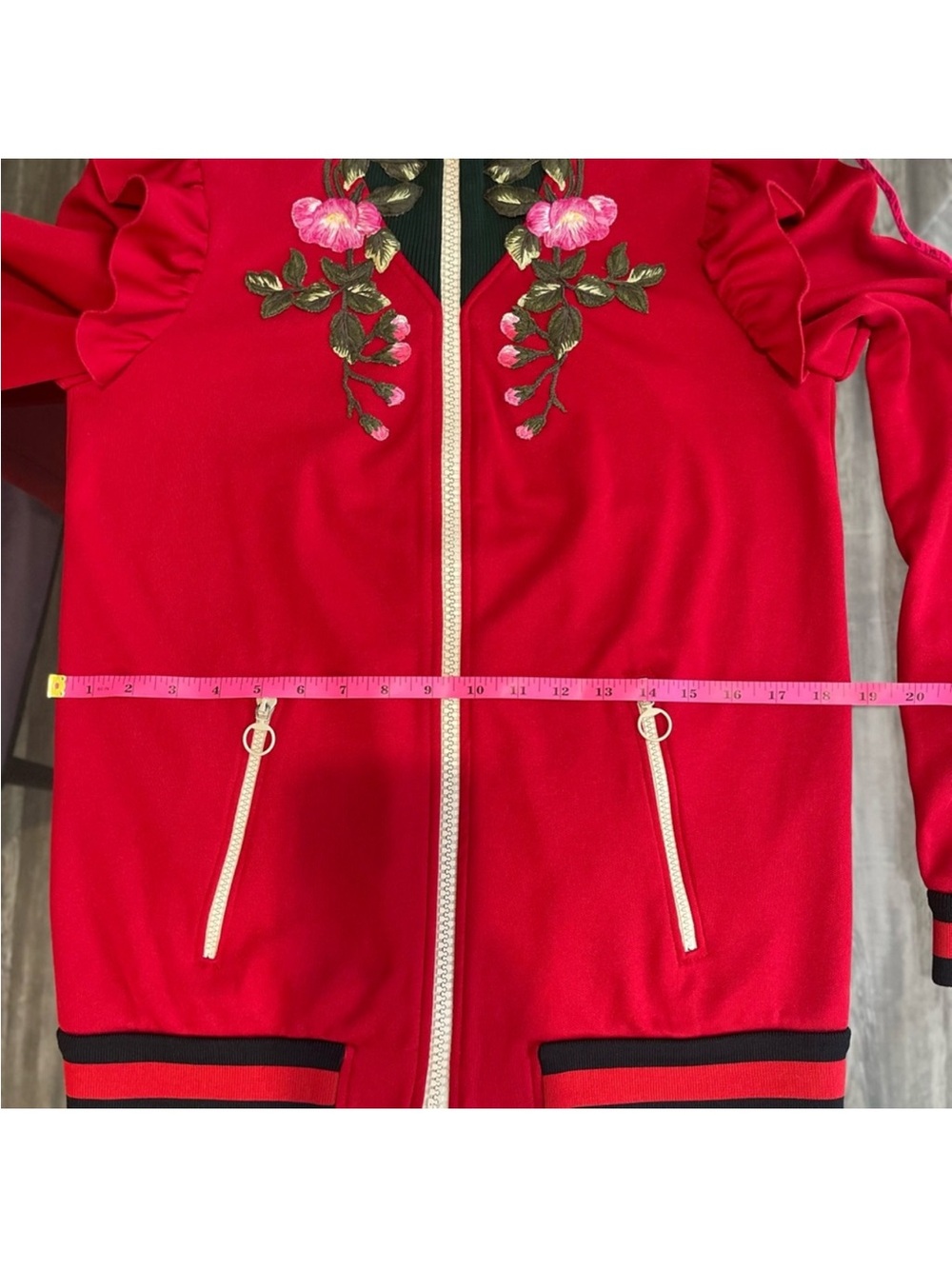 Gucci Red Embroidered Ruffle-Shoulder Bomber Jacket - Picture 3 of 11